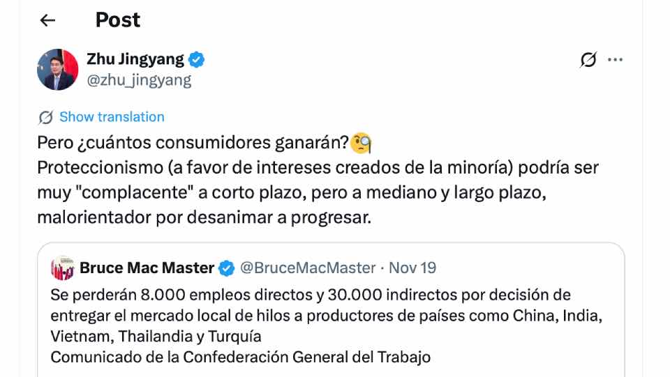 Embajador chino polemiza con empresarios colombianos por aranceles textiles