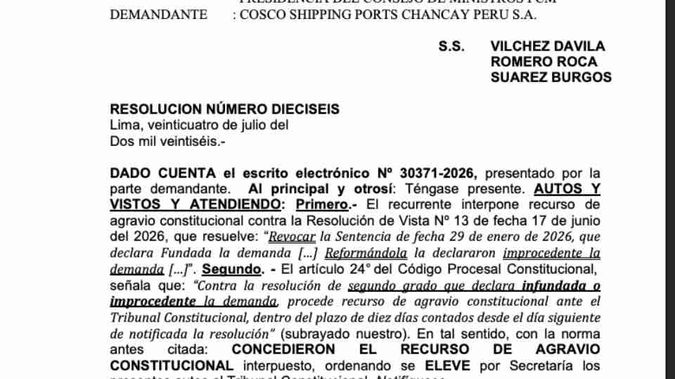 La china Cosco eleva el caso del puerto de Chancay a máximo tribunal de Perú vía recurso de agravio